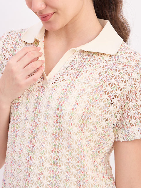 Madame Off White Textured Cotton Polo Neck T-Shirt