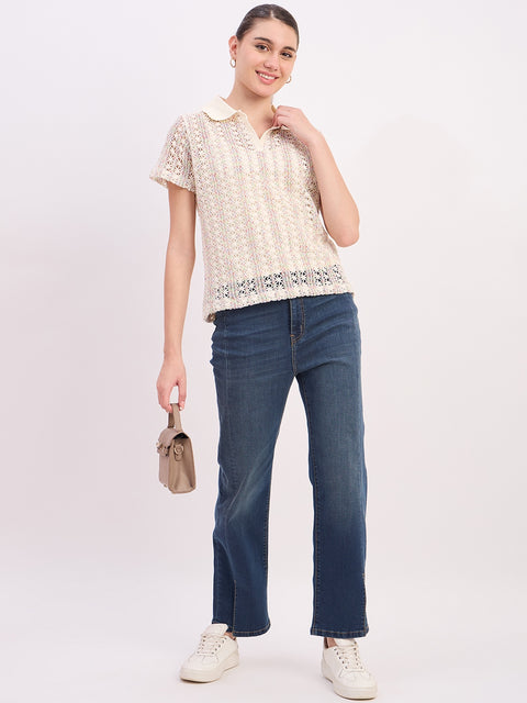 Madame Off White Textured Cotton Polo Neck T-Shirt