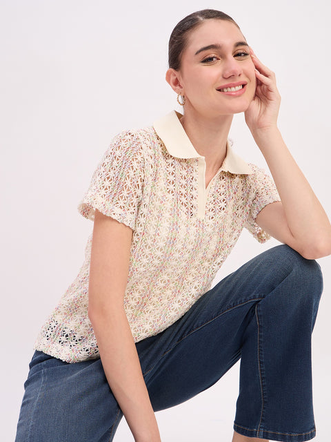 Madame Off White Textured Cotton Polo Neck T-Shirt