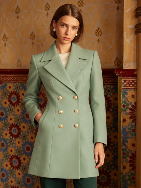 Madame Lapel Notch Collar Green Long Coat