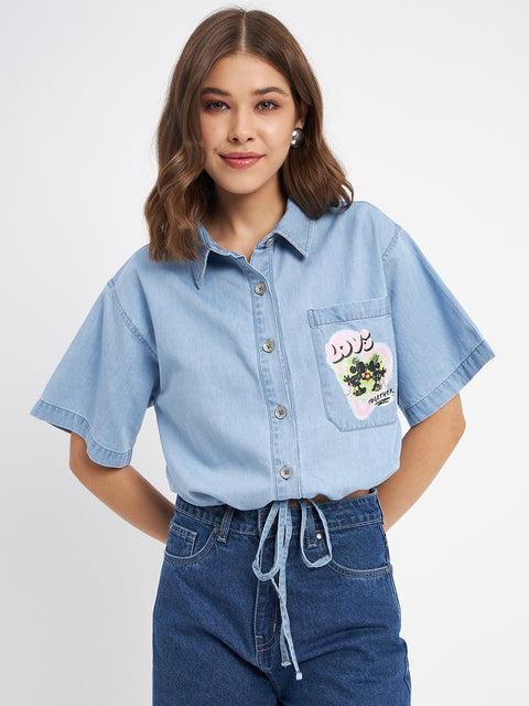 Madame Graphic Print Light Blue Cotton Shirt
