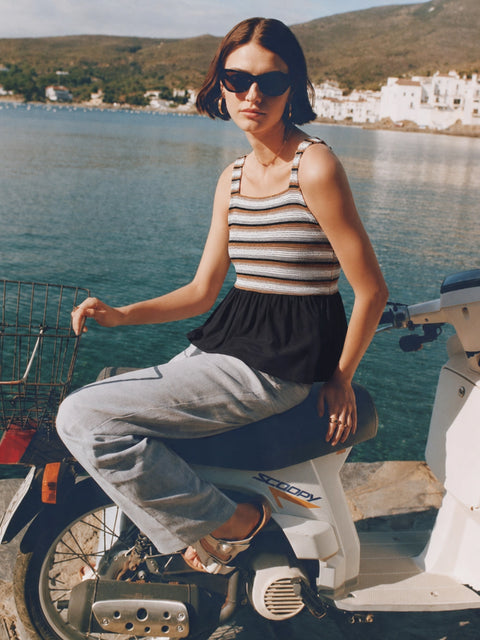 Madame Black Rayon Linen Blend Peplum Top