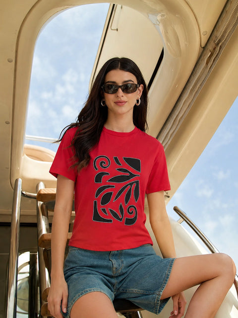 Madame Red Cotton Printed Half-Sleeve T-Shirt