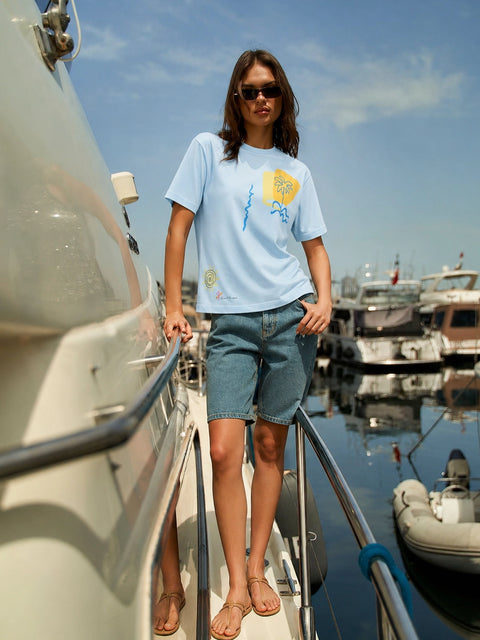 Madame Graphic Print Blue Cotton T-shirt