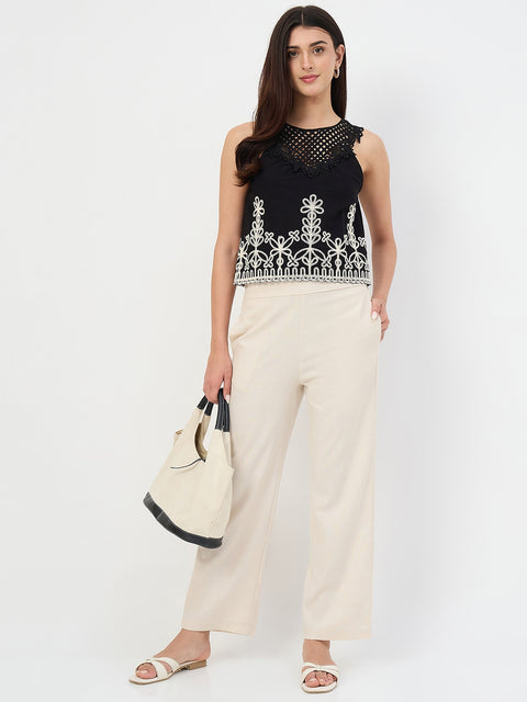 Madame Beige Elastic Waist Linen-Blend Trousers