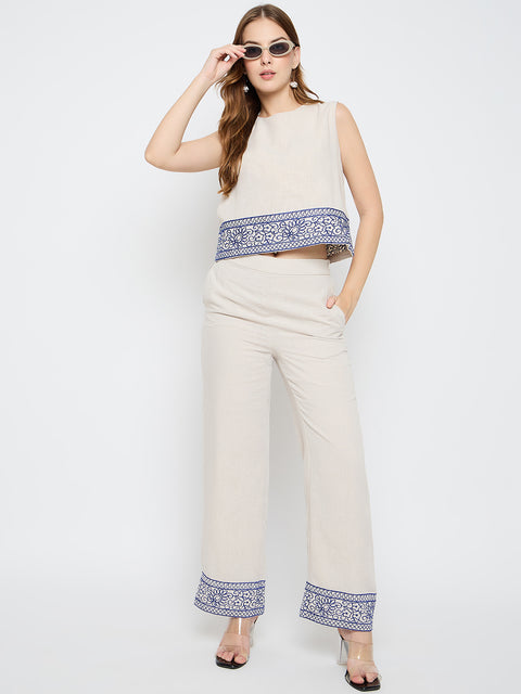 Madame Embroidered Top and Straight Bottoms Stone Grey Co-ord Set
