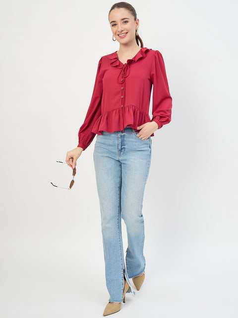 Madame Maroon Frill Sleeve Ruffle Neck Top
