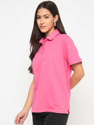 Madame Cotton Blend Solid Pink Polo T-shirt