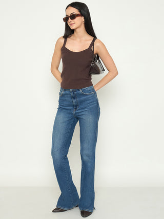 Madame Camisole Neck Coffee Brown Knit Crop Top