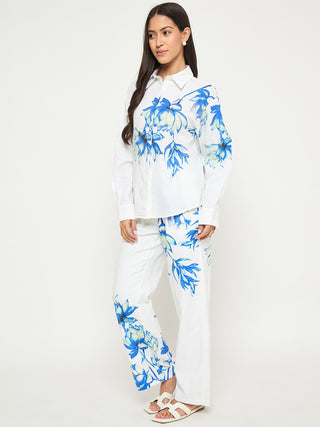 Madame Floral Print Shirt and Trousers Blue Cotton Co-ord Set