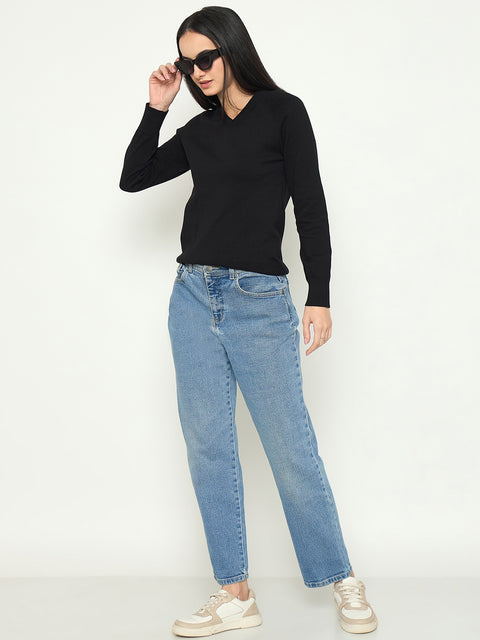 Madame V Neck Solid Black Sweater