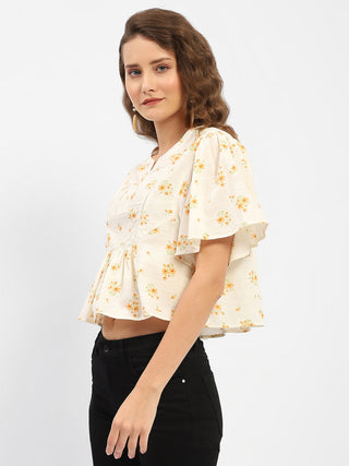 Madame Mandarin Collar Ruffle Detailing Printed Cotton Peplum Top