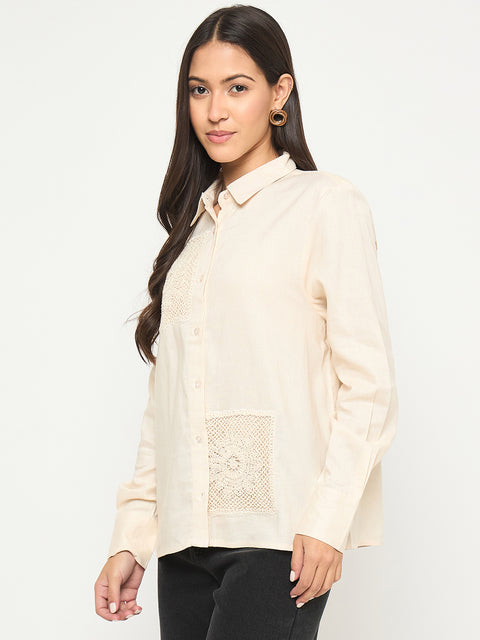 Madame Patchwork and Lace Detailed Beige Cotton Shirt