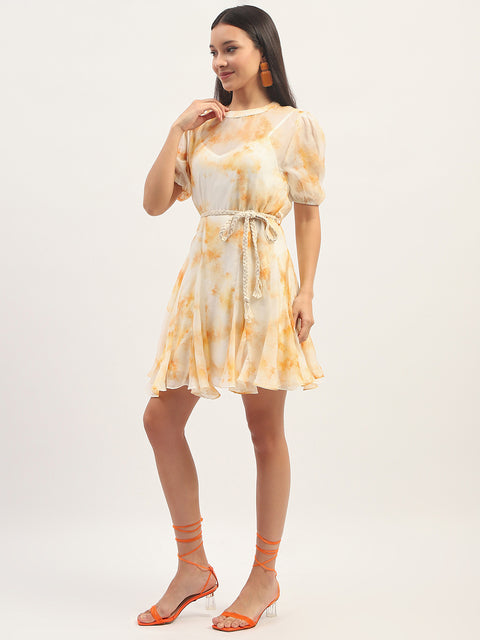 Madame Tie Dye Belted Orange Rayon Blend Mini Dress