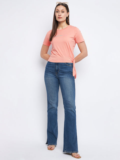 Madame Typography Peach Side Knotted Top