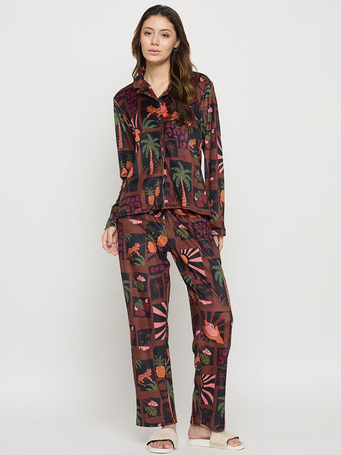 mSECRET Brown Printed Full Sleeve Night Suit