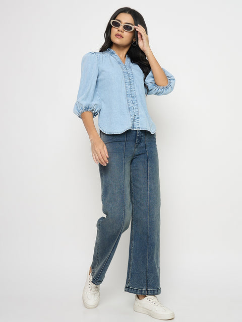 Madame Embroidery Detail Powder Blue Cotton Top