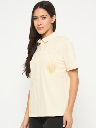 Madame Botanical Print Beige Cotton Blend Polo T-shirt
