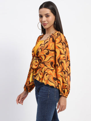 Madame Abstract Print Tie Front Yellow Top