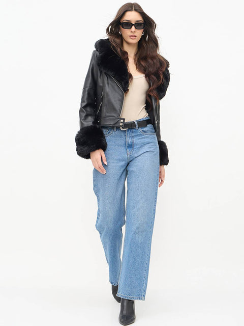 Madame Faux Fur Notch Lapel Collar Black PU Leather Jacket