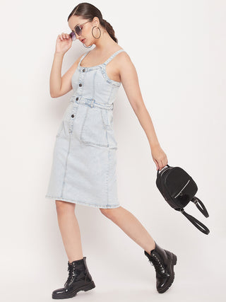 Madame Light Blue Denim Sleeveless Shift Dress