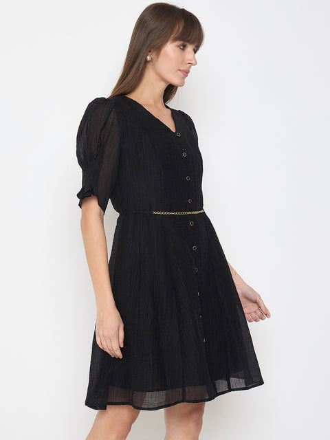 Madame Textured Belted Black Mini A Line Dress