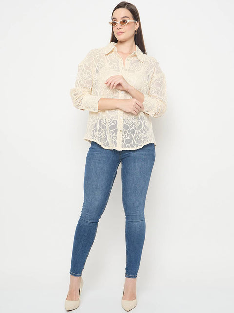 Madame Dori Embroidered Off White Cotton Shirt