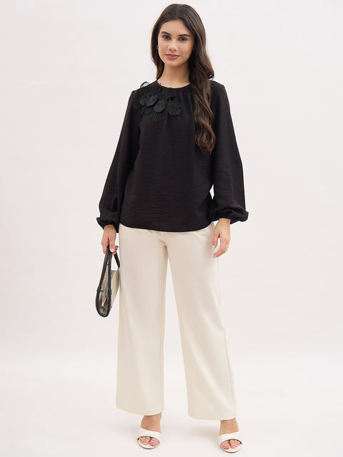 Madame Black 3D Floral Applique Crinkle Top