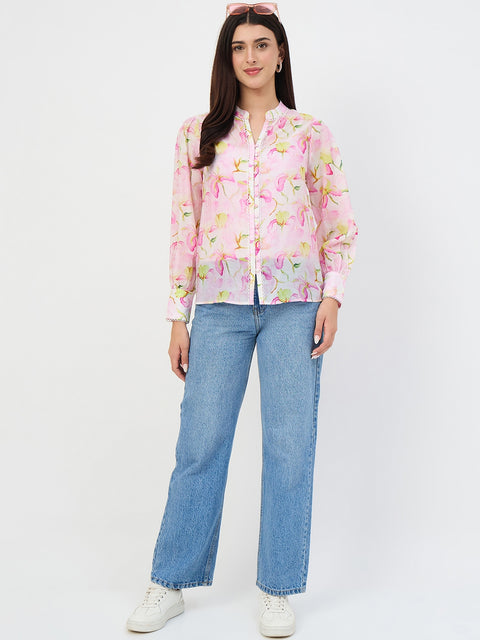 Madame Pink Printed Semi-Sheer Tencel Mandarin-Collar Top