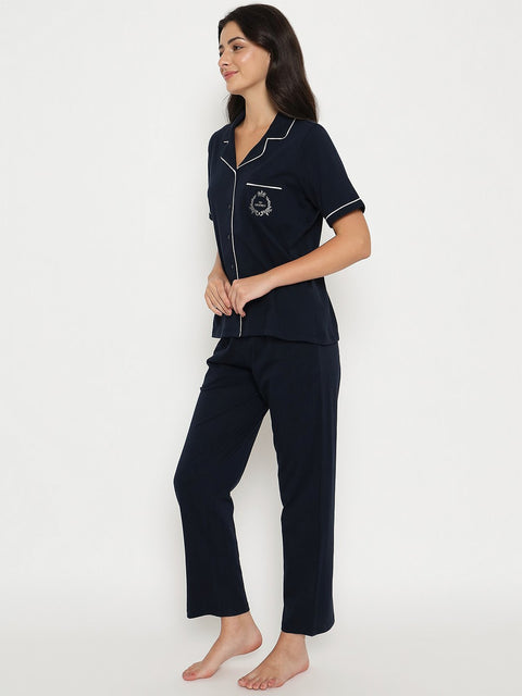 mSECRET Embossed Top and Bottom Navy Blue Cotton Night Suit