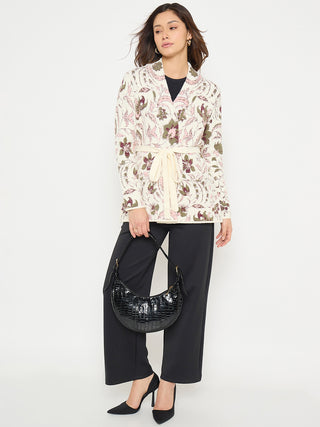 Madame Printed Beige Shrug with Belt
