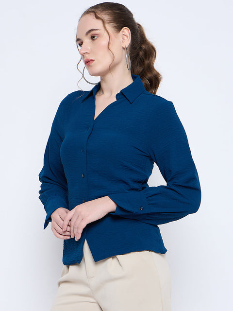 Madame Button Down Wing Necked Side Ruched Solid Teal Shirt