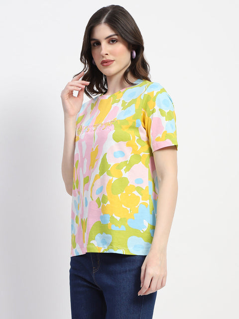 Madame Abstract And Typography Print White Cotton T-Shirt