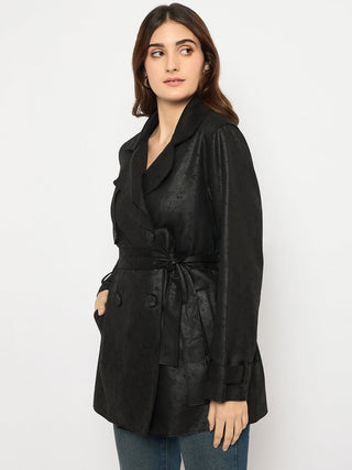 Madame Double Breasted Belted Solid Black Trench Coat