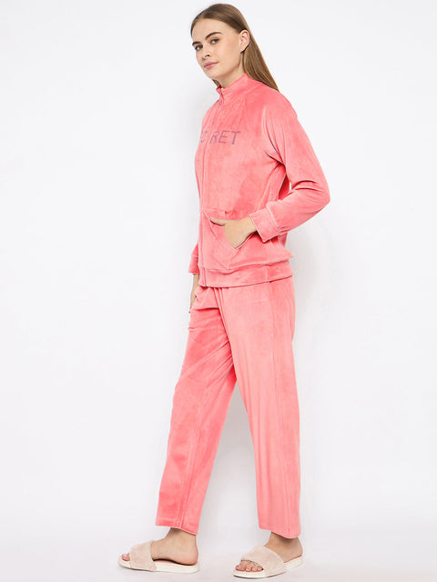 mSECRET Velour Swarovski Detailed Zipped Blush Top and Bottom Night Suit
