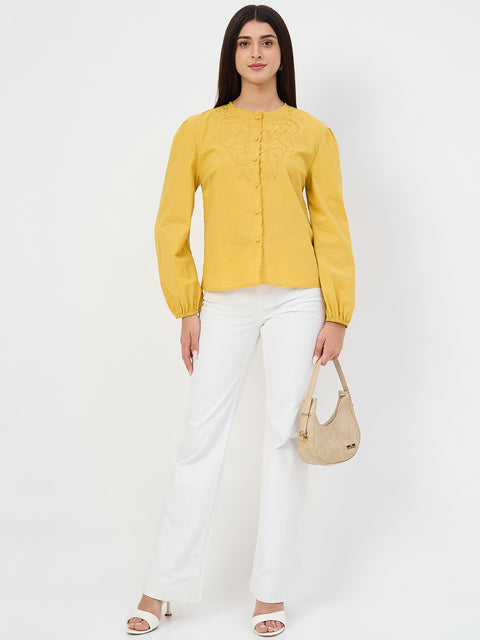 Madame Amber Haze Embroidered Puff-Sleeve Cotton Top