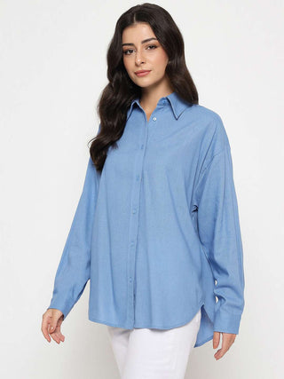 Madame Linen Blend Solid Cobalt Blue Shirt