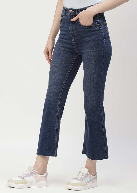 Madame High Rise Dark Blue Distressed Hem Flared Jeans