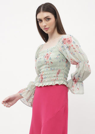Madame Floral Mint Green Smocked Top