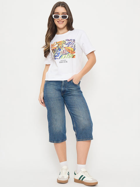 Madame White Graphic Print Cotton Round Neck T-Shirt