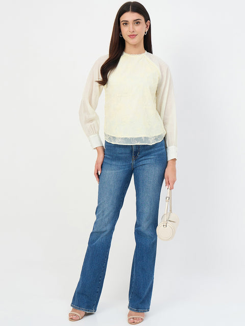 Madame Butter Yellow Embroidered Bishop-Sleeve Viscose Top