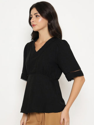 Madame V Neck Black Peplum Top