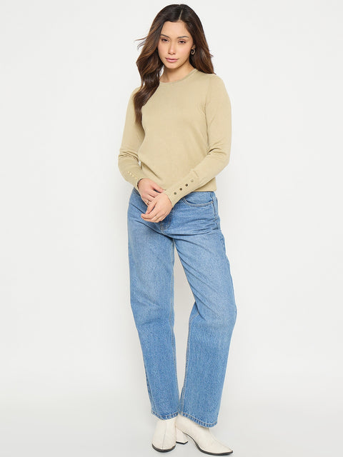 Madame Beige Solid Sweater with Cuff Sleeves