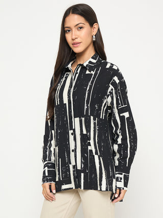 Madame All Over Print Black Cotton Blend Full Shirt