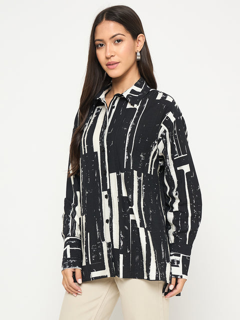 Madame All Over Print Black Cotton Blend Full Shirt