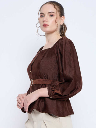 Madame Brown Rayon Blend Square Neck Belted Button Front Top