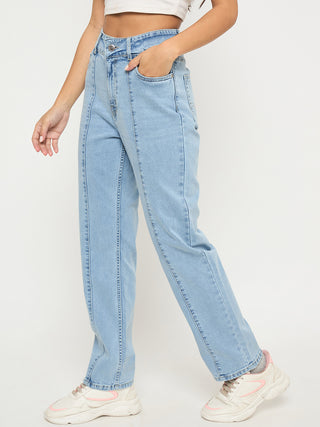 Madame Pintuck Detailed Bright Blue Cotton Blend Jeans