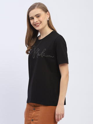 Madame Embellished Typography Black Regular T-Shirt