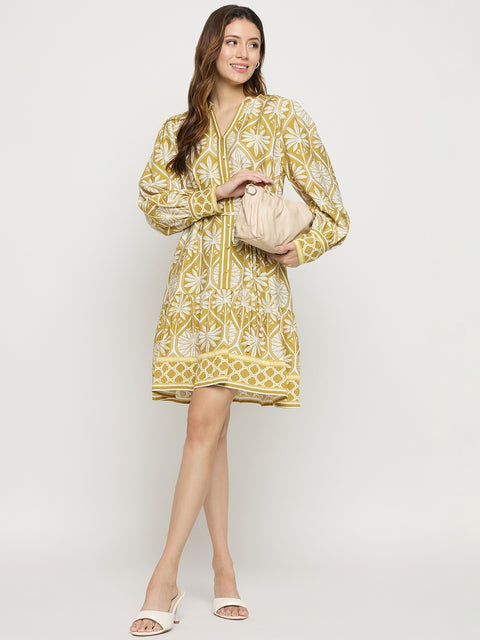 Madame Green Printed Rayon Mandarin Collar Midi Dress