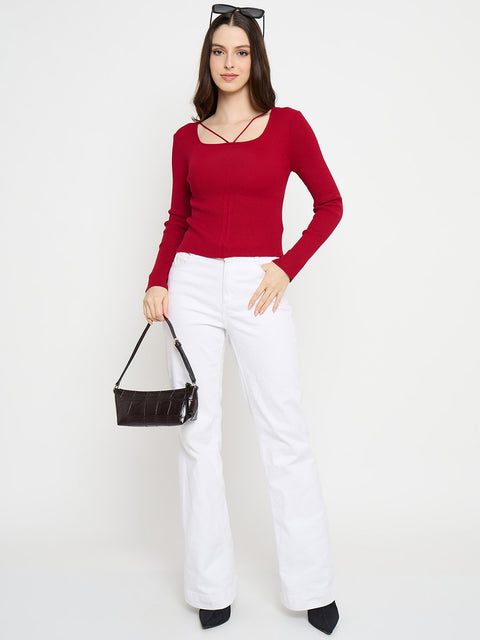 Madame Ribbed Knit Square Neck Red Crop Top